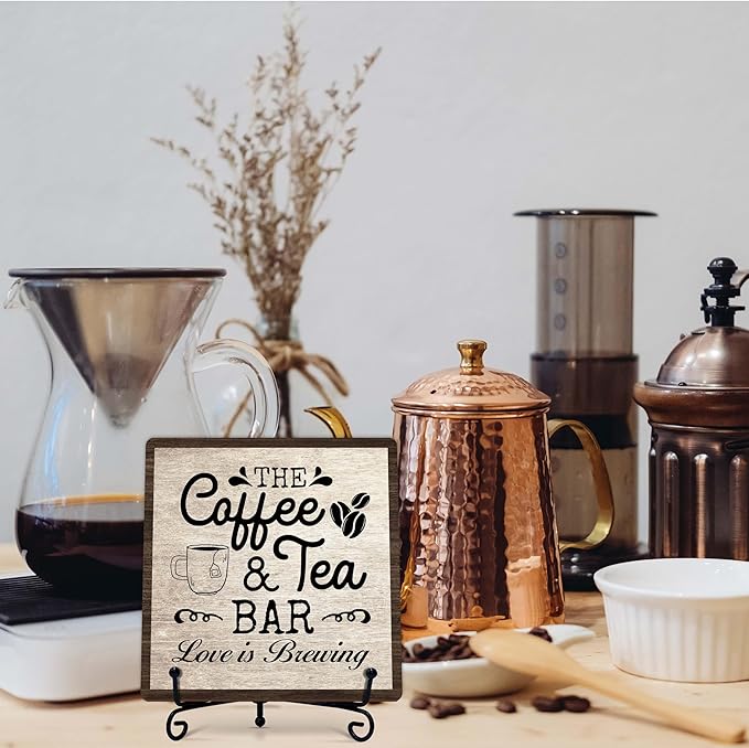Coffee Bar Sign, Love is Brewing Farmhouse Tabletop Decor, Coffee and Tea Lover Gifts, 5x5 Wood Plaque with Iron Stand for Home Kitchen Cafe, Coffee Bar Decor – L10 - Image 7
