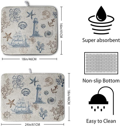 Nautical Coastal Dish Drying Mat for Kitchen Counter Summer Ocean Sailboat Starfish Seashell Absorbent Microfiber Dish Mat Reusable Washable Dish Drainer Rack Mat 18x24 Inch - Image 2