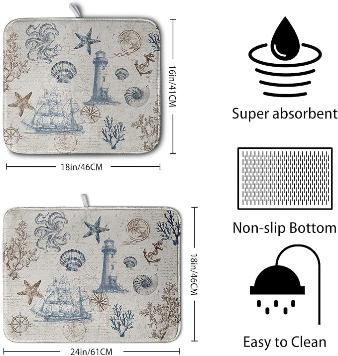 Nautical Coastal Dish Drying Mat for Kitchen Counter Summer Ocean Sailboat Starfish Seashell Absorbent Microfiber Dish Mat Reusable Washable Dish Drainer Rack Mat 16x18 Inch - Image 2