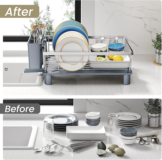 SNTD Dish Drying Rack - Small Dish Rack for Kitchen Counter, Stainless Steel Dish Drainer with Utensil Holder and Drainboard, 11" W x 15" L (Silver) - Image 8