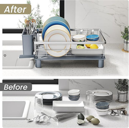 SNTD Dish Drying Rack - Small Dish Rack for Kitchen Counter, Stainless Steel Dish Drainer with Utensil Holder and Drainboard, 11" W x 15" L (Silver) - Image 8