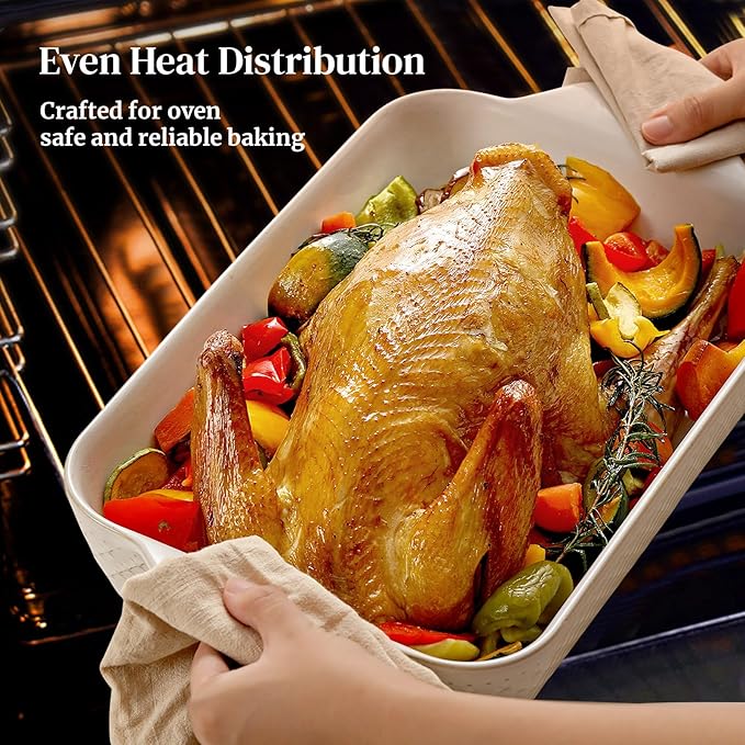 DOWAN 9x13 Deep Lasagna Baking Dish, Ceramic Casserole Dish for Oven, 4 Quarts Embossed Baking Pan with Handles, Oven Safe Bakeware for Roasting, Desserts, Durable & Giftable, Arctic White - Image 3