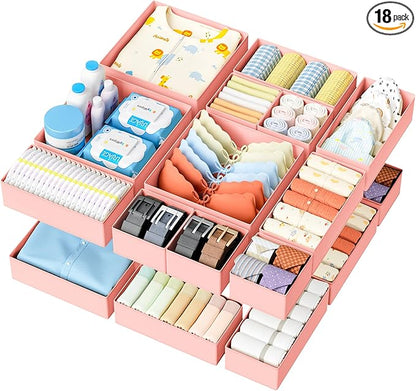 DIMJ Drawer Organizer Clothes - 18 Pack Closet Drawer Organizer Bins for Baby Clothes Storage, Fabric Dresser Organizer for Nursery Bedroom, Foldable Small Drawer Dividers for Underwear Socks