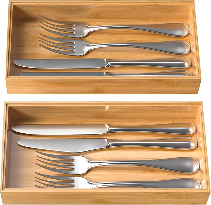 VeyFey Silverware Tray for Drawer, Stackable Kitchen Bamboo Drawer Organizer 12" x 6" x 2" Set of 2 - Image 7