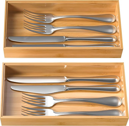 VeyFey Silverware Tray for Drawer, Stackable Kitchen Bamboo Drawer Organizer 12" x 6" x 2" Set of 2 - Image 7