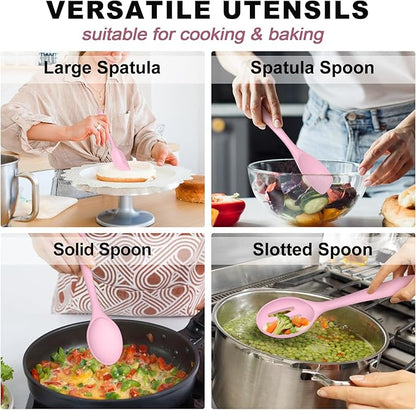 TeamFar Silicone Cooking Utensil Set of 7, Kitchen Nonstick Tools Turner Spoon Spatula Ladle Pasta Server for Nonstick Cookware, Healthy & One-Piece, Anti-Heat & Dishwasher Safe - Pink - Image 7