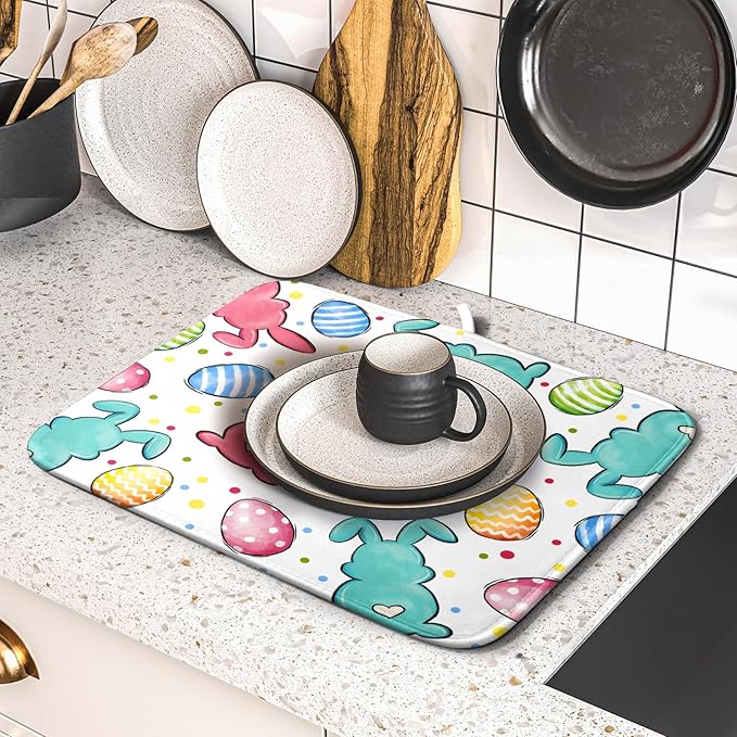 Easter Dish Drying Mat for Kitchen Counter Colorful Bunny Holiday Microfiber Absorbent Dish Draining Reusable Washable Foldable 16"x18" - Image 5