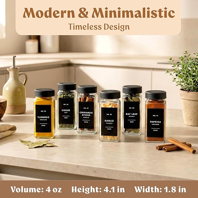 EDELHAUS Glass Spice Jars with Labels (24 x 4oz) Spice Containers with 240 Labels, Shaker Inserts, Funnel, Empty Square Empty Square Seasoning Organizer (Black Lids) - Image 2