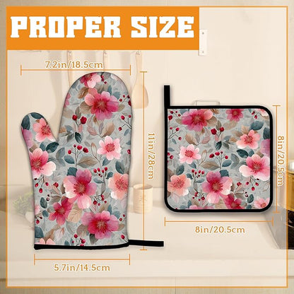 Vintage Pink Cherry Blossoms Oven Mitts and Pot Holders,Heat Resistant Oven Mitts Gloves and Pot Holder for Home Kitchen Decorations Cooking Baking BBQ Gifts,Set of 4