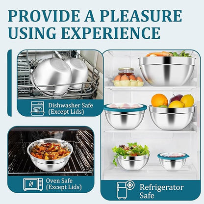P&P CHEF Mixing Bowls with Visible Airtight Lids Set of 5, 10-Piece Stainless Steel Mixing Nesting Bowl, Metal Bowl with Lid for Kitchen Prepping & Storing, Size 4.6, 3, 1.5, 1, 0.7 QT, Blue