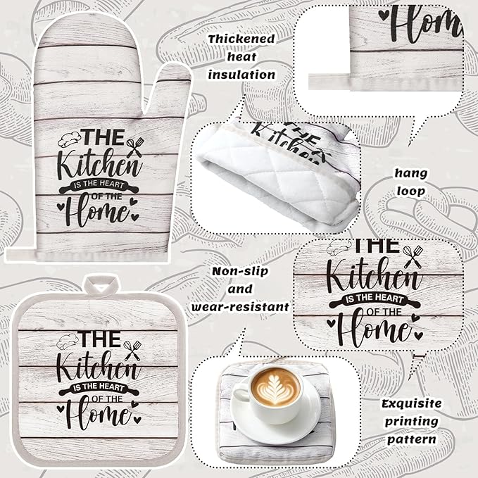 Fourluoo 10 Pcs Farmhouse Kitchen Decor and Accessories Set 4 Kitchen Towels 2 Pot Holders 2 Oven Mitts 2 Rugs for Cooking Baking Mom Housewarming Gifts (Unadorned Color,Stitched Wood Grain) - Image 5