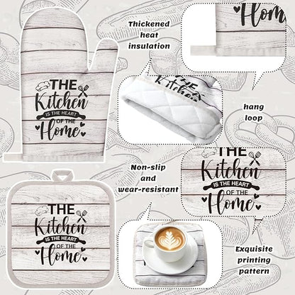 Fourluoo 10 Pcs Farmhouse Kitchen Decor and Accessories Set 4 Kitchen Towels 2 Pot Holders 2 Oven Mitts 2 Rugs for Cooking Baking Mom Housewarming Gifts (Unadorned Color,Stitched Wood Grain) - Image 5