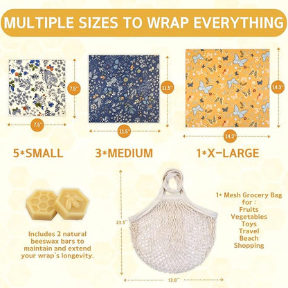 BYTTME Reusable Beeswax Wrap - 9 Pack Beeswax Wraps for Food, Eco-Friendly Beeswax Food Wraps, Bread Sandwich Wrapper - Reusable Food Storage Wrap Set with Flower Butterfly+Mesh Bag - Image 2