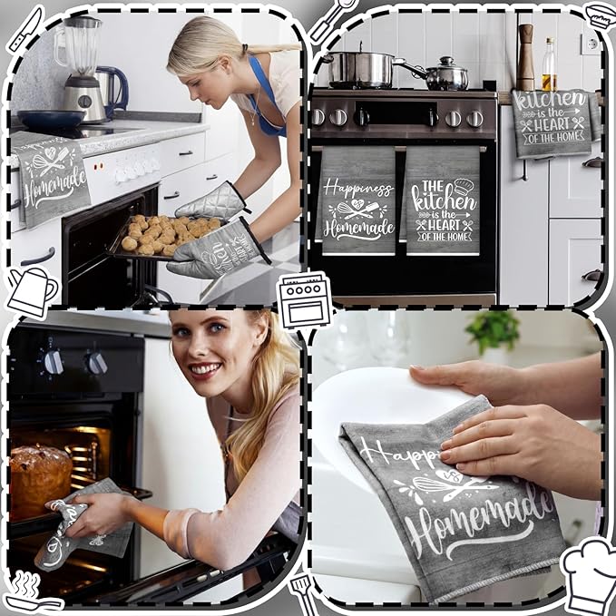 Sratte 6 Pcs Kitchen Decor Accessories Set Farmhouse Towels Pot Holders Oven Mitts Set 2 Dish Towels 2 Potholders 2 Cooking Mittens Oven Glove for Christmas Baking Cooking (Dark Gray) - Image 5