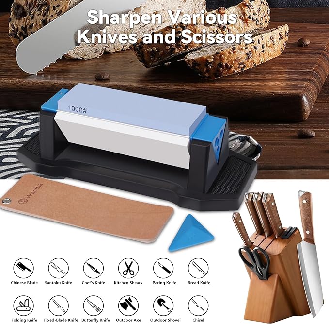 Knife Sharpening Stone,tri stone knife sharpener,3 Sides Grit 400/1000/5000,Whetstone Knife Sharpener with Non-Slip Base, Angle Guide & Leather Strop, for Kitchen Knives and Pocket Knives - Image 6