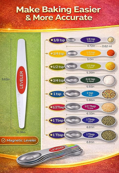Premium Magnetic Measuring Spoons Set|Strong N52 Magnets|Heavy Duty Stainless Steel|Dual-Sided for Spice Jar & Liquid Measuring|Dishwasher Safe|7 Spoons with Leveler for Baking & Cooking (Colorful) - Image 7