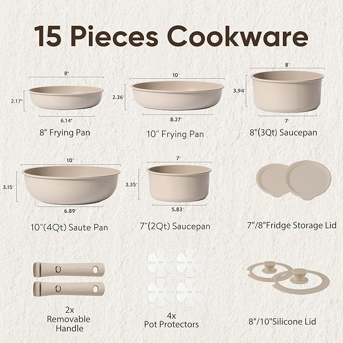 CAROTE 15pcs Pots and Pans Set, Nonstick Cookware Set Detachable Handle, Induction Kitchen Cookware Sets Non Stick with Removable Handle, RV Cookware Set, Oven Safe, Taupe - Image 2