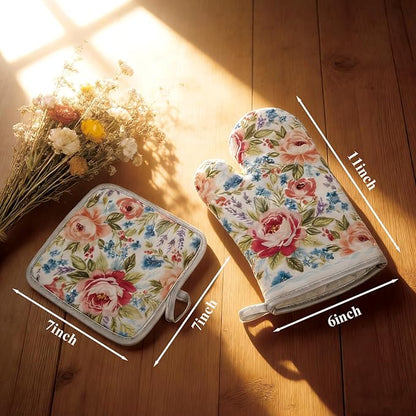 Floral Oven Mitts and Pot Holders Sets 2 Pcs, Canvas Heat Resistant Kitchen Mittens with Hot Pads, Vintage Farmhouse Country Decor, Non-Slip Cooking Baking Grilling Gifts for Women Mom (Flower5)