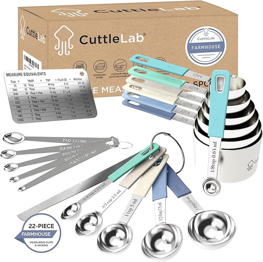 CuttleLab 22-Piece Stainless Steel Measuring Cups and Spoons Set, Tad Dash Pinch Smidgen Drop Mini Measuring Spoons, Measuring Stick Leveler, Measurement Conversion Chart Fridge Magnet, (Farmhouse) by CuttleLab