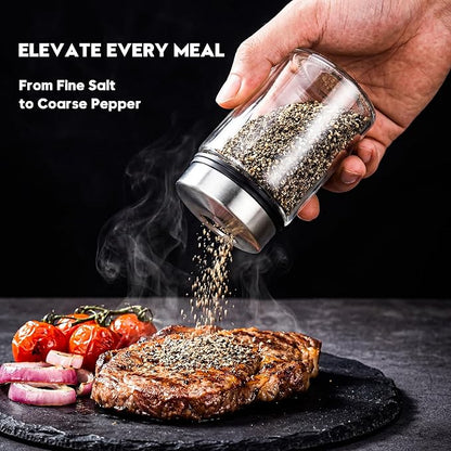 Shatterproof Glass Salt and Pepper Shakers Set Leak & Moisture Proof - 4 Adjustable Holes Precision Control - 5oz Borosilicate Glass Sugar & Spice Jars with Stainless Lid, Wide-Mouth, Dishwasher Safe