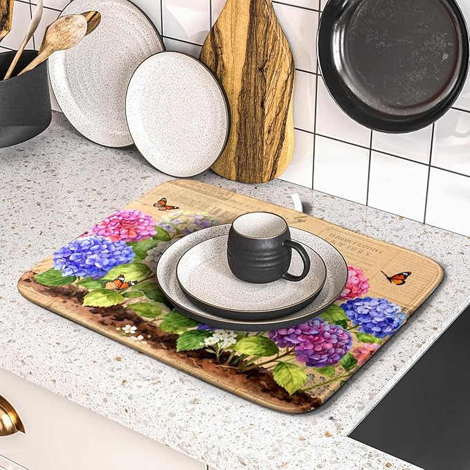 Vintage Hydrangea Dish Drying Mat Watercolor Floral Microfiber Absorbent Dish Drying Pad for Kitchen Counter Small - Image 5