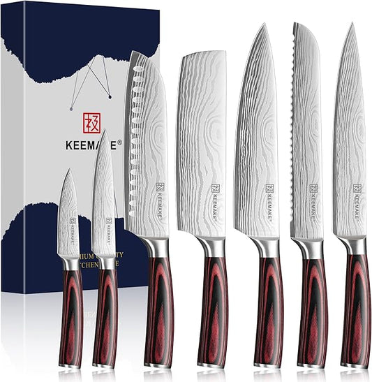 KEEMAKE Kitchen Knife Set, Ultra Sharp Chef Knife Set 7-Piece, High Carbon Stainless Steel Chefs Knife Set, Professional Knives Set for Kitchen with Pakkawood Handle and Gift Box