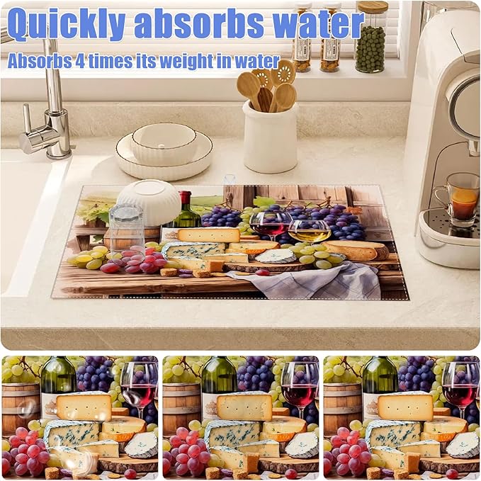 Vintage Red Wine Grape Dish Drying Mat for Kitchen Counter Drying Pad Absorbent Reversible Dish Drainer Rack Mats Draining Pad 18"x24"Inch - Image 4