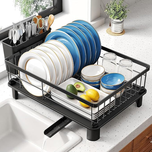 SNTD Dish Drying Rack - Small Dish Rack for Kitchen Counter, Stainless Steel Dish Drainer with Utensil Holder and Drainboard, 12.9" W x 16.9" L (Black) by SNTD