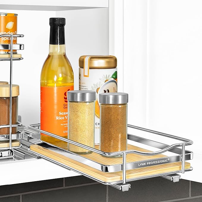 LYNK PROFESSIONAL® Élite™ Pull Out Spice Organization for Cabinets - 6-3/8 inch Wide – Spice Rack for Inside Cabinets – Wood/Chrome - Sliding Spice Rack Organizer for cabinet – Spice Rack - 1 Tier - Image 8