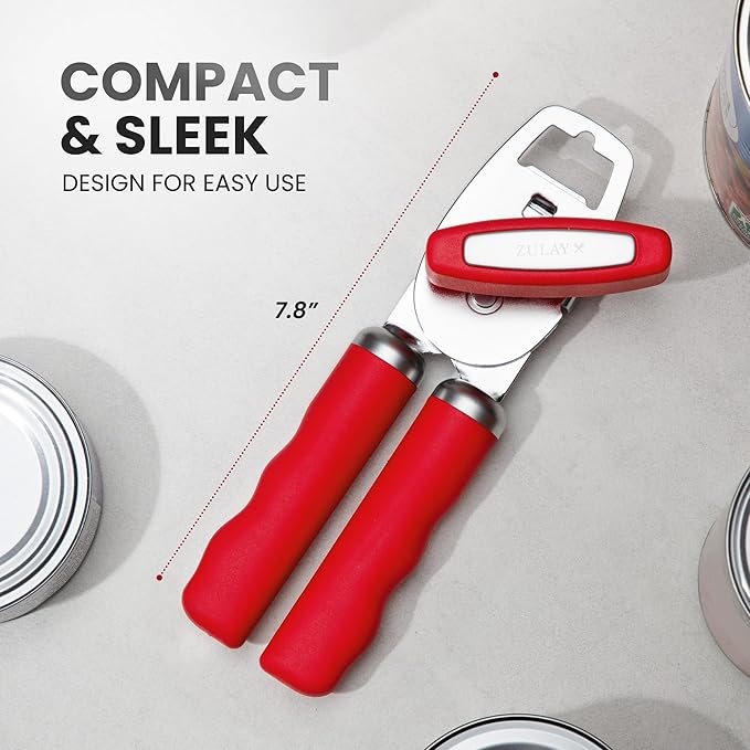 Zulay Kitchen Heavy Duty Stainless Steel Can Opener Manual with Bottle Opener - Rust Proof Manual Can Opener With Turn Knob & Comfy Soft Grip Handles - Cherry Red - Image 2