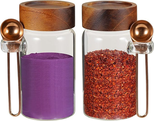 8 oz Small Glass Mason Jars with Scoop Wooden Screw Lid Spice Herb Storage Container Clear Round Glass Food Canister for Seasoning Sugar Tea Coffee Bean Spice Salts Pantry (2×250ml(8.4oz)with scoop) by Patoper