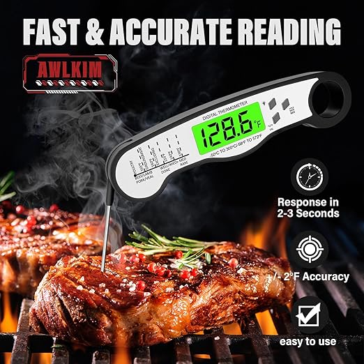 AWLKIM® Meat Thermometer Digital - Fast Instant Read Food Thermometer for Cooking, Candy Making, Outside Grill, IP67 Waterproof Kitchen Thermometer with Backlight, Stocking Stuffers for Men - Black - Image 2