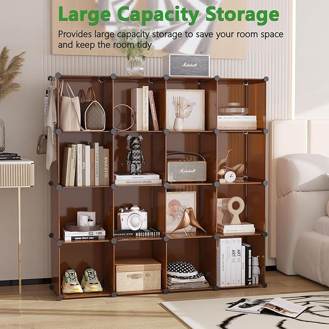 C&AHOME 16-Cube Storage Organizer, Plastic Shelves Units, DIY Closet Organizer, Modular Shelves Ideal for Home, Bedroom, 48.4" L 12.4" W 48.4" H Brown UPCS16C - Image 2