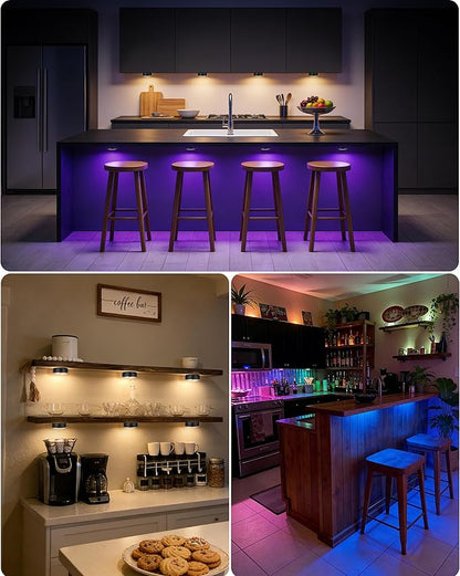 Puck Lights with Remote, Battery Operated LED Under Cabinet Lighting with Timer, Warm White & RGB Color Changing Stick on Tap Push Light for Kitchen Counter, Shelf, Display Case, 2 Pack, Black