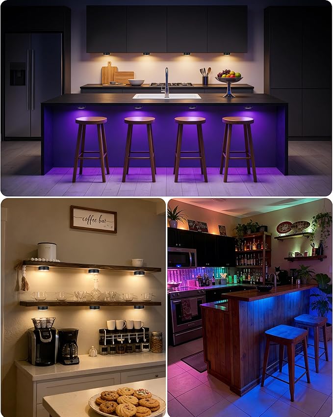 Puck Lights with Remote Control, Battery Operated Wireless LED Under Cabinet Lighting, Warm White & RGB Color Changing Stick on Tap Push Light for Kitchen Counter, Shelf, Closet, 6 Pack, Black