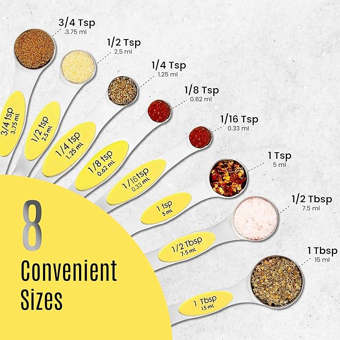 Magnetic Measuring Spoons Set of 9 Stainless Steel Dual-Sided Stackable Measuring Spoon Nesting Teaspoons Measuring Dry and Liquid Ingredients, Fits in Spice Jars Set of 9 (Yellow) - Image 7