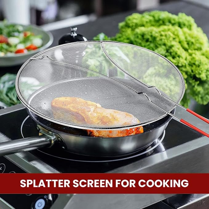 13" Grease Splatter Screen for Cooking | Stainless Steel Oil Splatter Guard and Ultra-Fine Mesh Protects Skin from Burns | Silicone Red Handle - Image 3