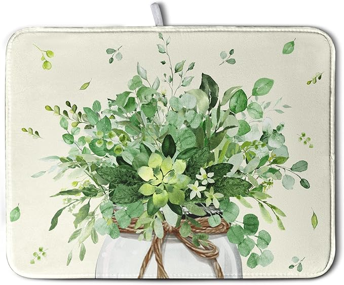 Spring Sage Green Leaves Dish Drying Mat for Kitchen Counter Eucalyptus Leaf Floral Mason Jar Dishes Drainer Mats Absorbent Microfiber Dish Draining Mat Washable Large Dish Pad 18x24 Inch by Kwlegh