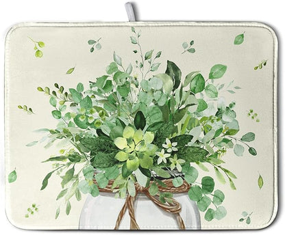 Spring Sage Green Leaves Dish Drying Mat for Kitchen Counter Eucalyptus Leaf Floral Mason Jar Dishes Drainer Mats Absorbent Microfiber Dish Draining Mat Washable Large Dish Pad 18x24 Inch by Kwlegh