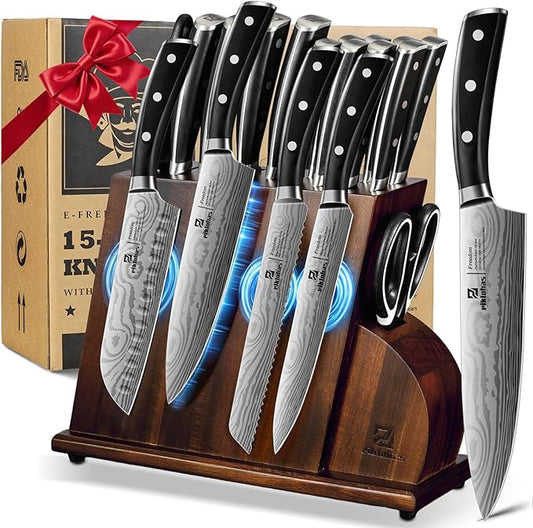 15 PC Magnetic Knife Sets for Kitchen with Block, Kitchen Knife Set Made of German High Carbon Stainless Steel Damascus Pattern as Gift for Couple, Wedding, Women or Mom with Gift Box