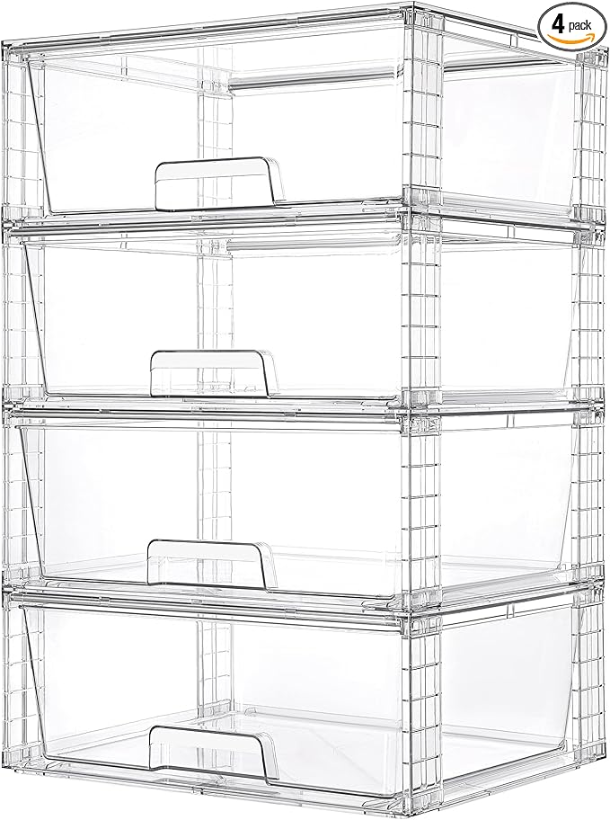 Vtopmart 4 Pack Large Stackable Storage Drawers,Easily Assemble Clear Acrylic Bathroom Closet Undersink Organizers,Plastic Storage Bins for Cabinet,Kitchen Pantry,Medicine Organization by Vtopmart