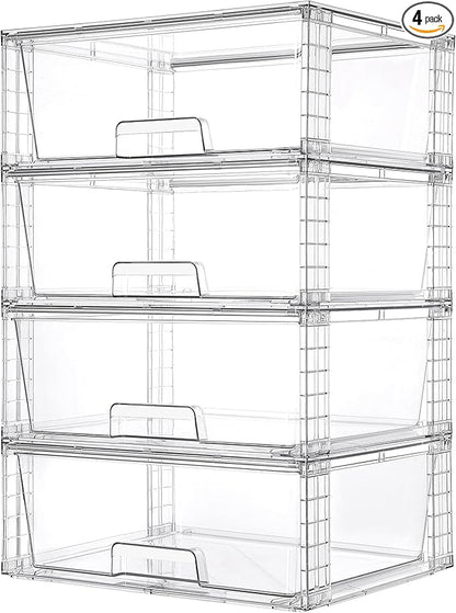 Vtopmart 4 Pack Large Stackable Storage Drawers,Easily Assemble Clear Acrylic Bathroom Closet Undersink Organizers,Plastic Storage Bins for Cabinet,Kitchen Pantry,Medicine Organization by Vtopmart