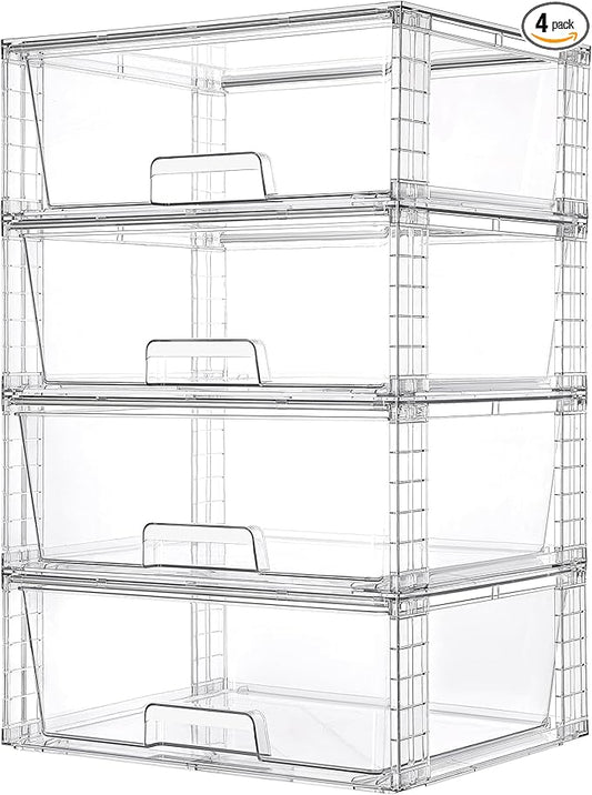 Vtopmart 4 Pack Large Stackable Storage Drawers,Easily Assemble Clear Acrylic Bathroom Closet Undersink Organizers,Plastic Storage Bins for Cabinet,Kitchen Pantry,Medicine Organization by Vtopmart