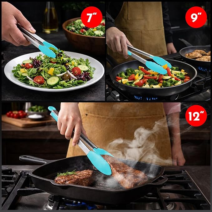 Kitchen Tongs with Silicone Tips Set of 3 Heat Resistant Tongs for Serving Food, 7-Inch, 9-Inch, 12-Inch Locking Silicone Tongs for Cooking, Salad Tong, Aqua Kitchen Utensils - Image 7
