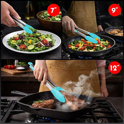 Kitchen Tongs with Silicone Tips Set of 3 Heat Resistant Tongs for Serving Food, 7-Inch, 9-Inch, 12-Inch Locking Silicone Tongs for Cooking, Salad Tong, Aqua Kitchen Utensils - Image 7