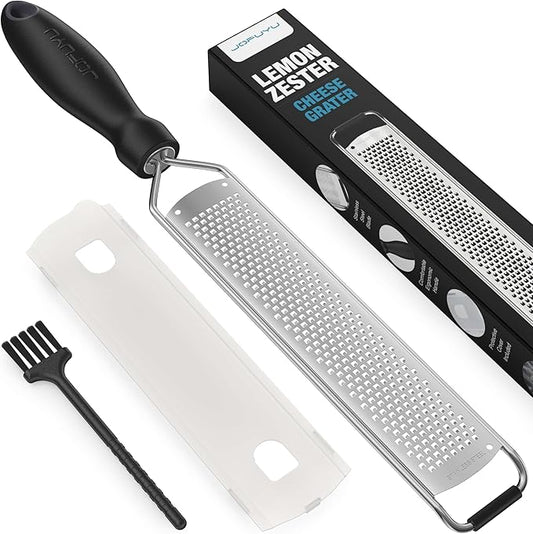 Zester Grater, Lemon Zester Grater with Handle, Premium Stainless Steel Citrus Zester for Parmesan, Garlic, Chocolate, Ginger, Non-Slip Grip, Safety Cover & Cleaning Brush, Black
