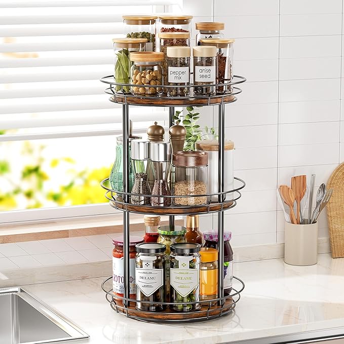 LAMU 12'' Lazy Susan Turntable Organizer, 3 Tier Round Rotating Spice Rack Organization for Kitchen Cabinet and Countertop, Wooden Lazy Susan for Table Top, Pantry, Bathroom, Vanity, Home Decor - Image 2