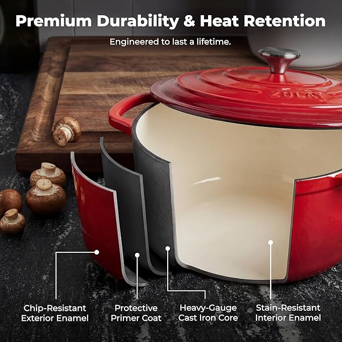 Zulay Kitchen 5 Quart Enameled Cast Iron Dutch Oven Pot with Lid – Premium Durability & Oven Safe up to 500°F – Heavy Duty Cookware Perfect for Bread Baking, Stews, Braising & Roasting – Ablaze Red - Image 5