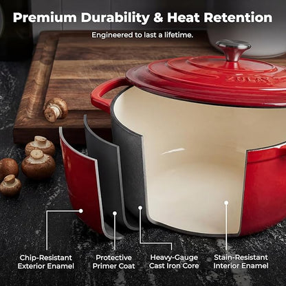 Zulay Kitchen 7.7 Quart Enameled Cast Iron Dutch Oven Pot with Lid – Premium Durability & Oven Safe up to 500°F – Heavy Duty Cookware Perfect for Bread Baking, Stews, Braising & Roasting – Ablaze Red - Image 5