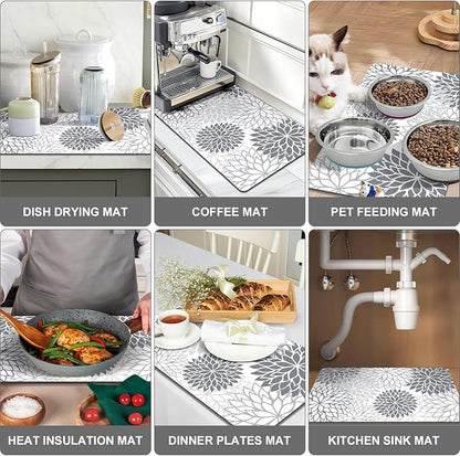 Findosom 2PCS 12" x 20" Dish Drying Mat & 24" x 5.5" Sink Splash Guard, Super Absorbent & Cuttable Dish Mat Drying Kitchen Mat with Gray Floral, Hide Stain Drying Mat for Kitchen Counter - Image 7